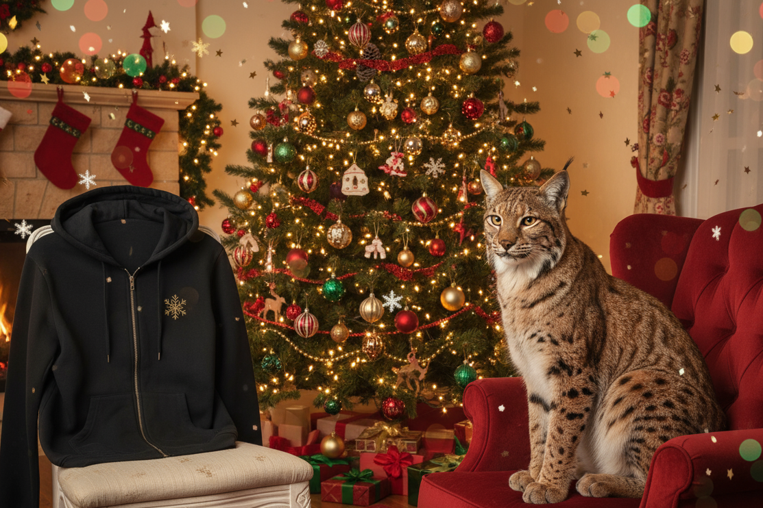 imagem com um lince ibérico no lado direito e no lado esquerdo roupa como casaco com zip e capuz preto e o fundo seja natalício com uma arvore e efeitos de natal 